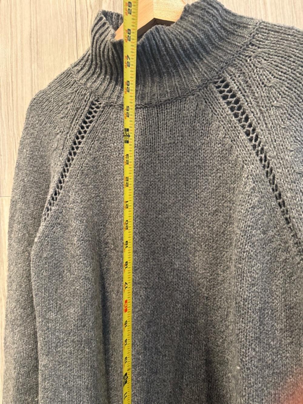 Women's Gray Ribbed Turtleneck Sweater with Eyelet Raglan Detail